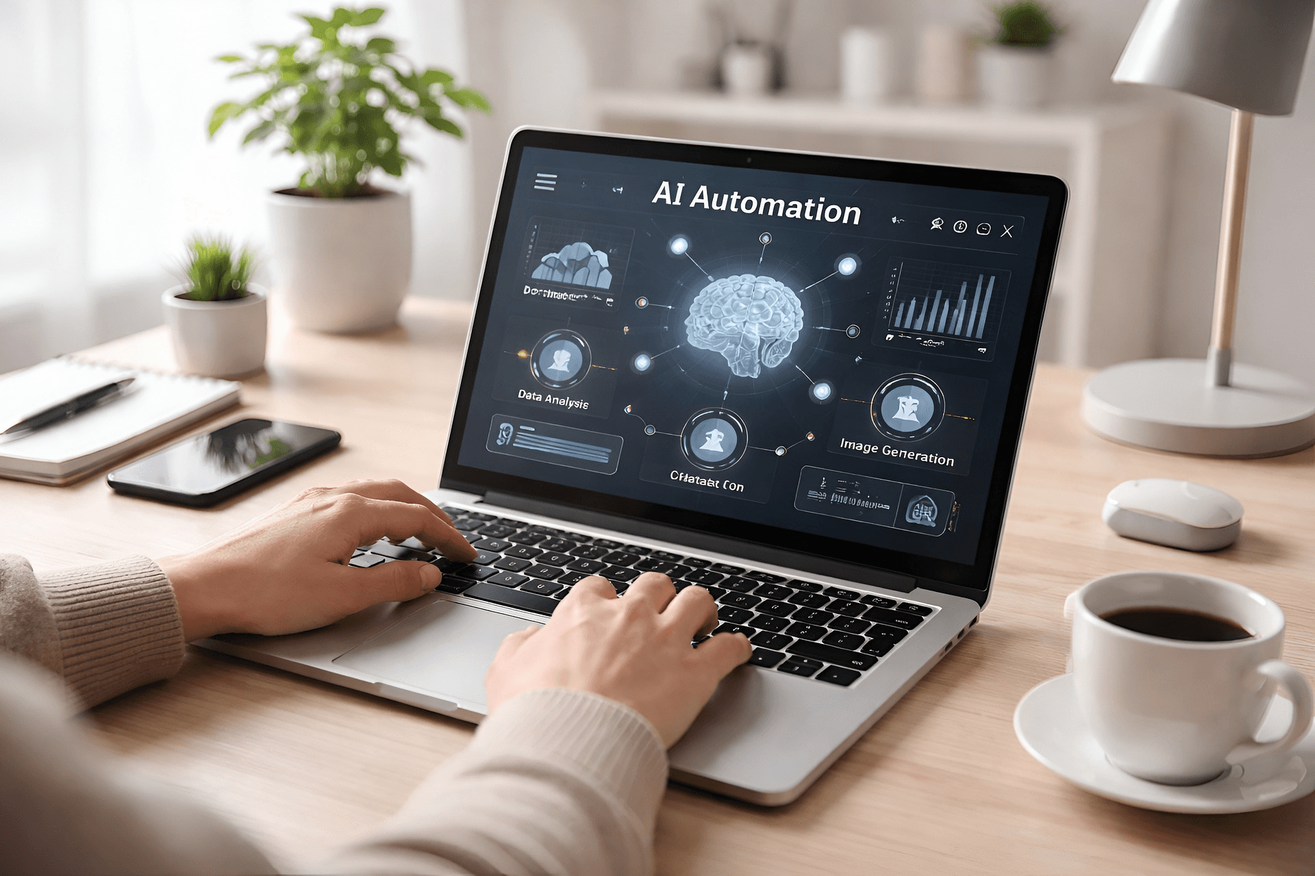Laptop on a desk showing an AI automation dashboard