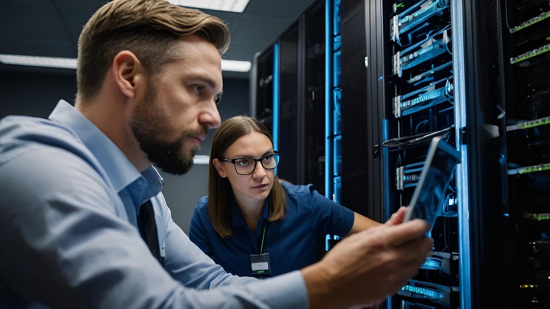 Two IT consultants reviewing a tablet in a server room